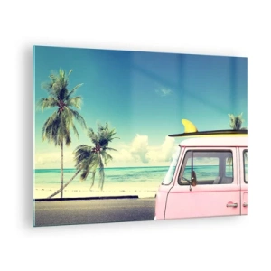 Obraz na skle - Pláž s palmami a ružovou retro dodávkou pri mori - 70x50cm - Prázdniny, je čas začať - Moderná nástenná dekorácia do obývacej izby a spálne ARTTOR