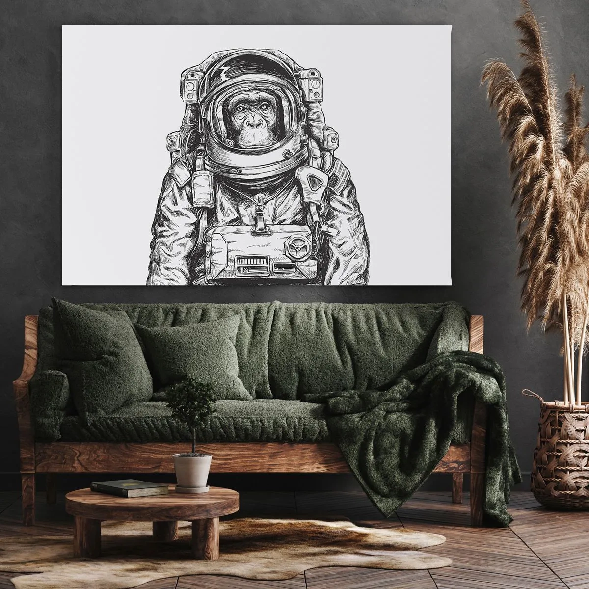 Obraz na plátne - Grafika astronauta v skafandri s opičou hlavou - 70x50cm - Alternatívny vývoj - Moderná nástenná dekorácia do obývacej izby a spálne ARTTOR