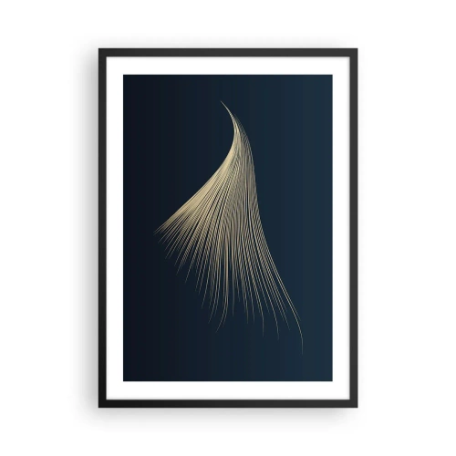 Plagát v čiernom ráme - Zlatý abstraktný tvar pripomínajúci prameň vlasov na tmavomodrom pozadí. - 50x70cm - Ako anjelské vlasy - Moderná nástenná dekorácia do obývacej izby a spálne ARTTOR