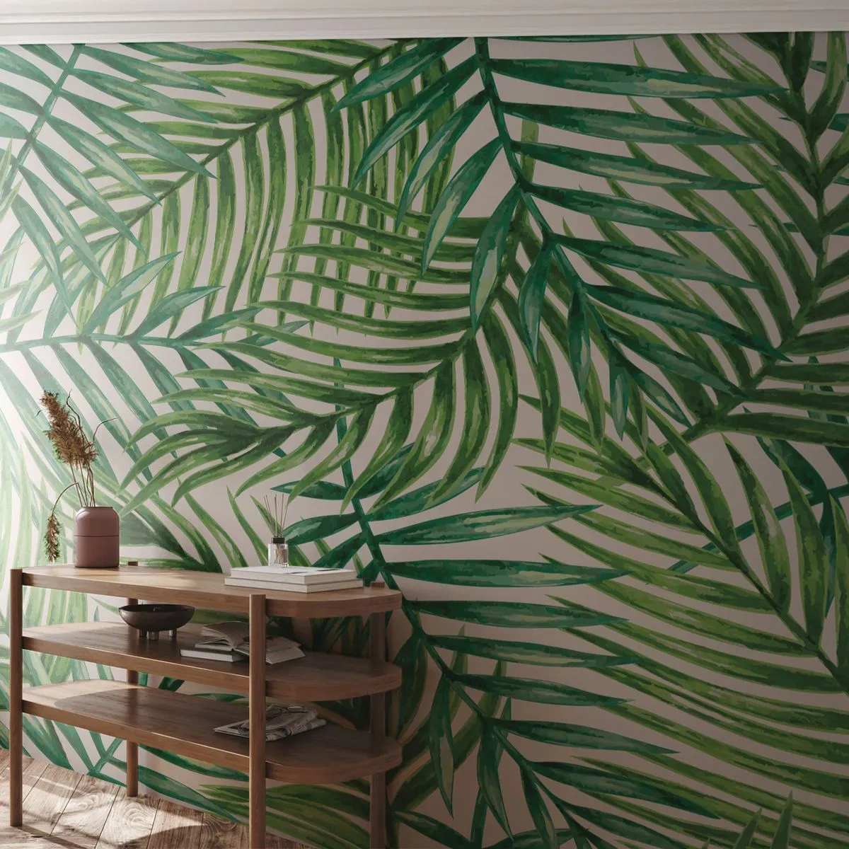 Fototapeta Premium Sand - Pod zeleným baldachýnom - Abstrakcia, Palmový list, Kokosová palma - 350x256 cm