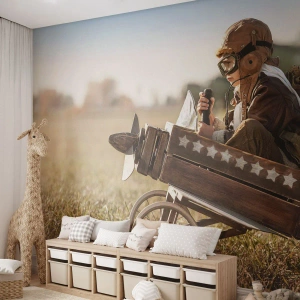 Fototapeta Premium Canvas - Štart do snov - Chlapec, Lietadlo, Vintage - 200x140 cm