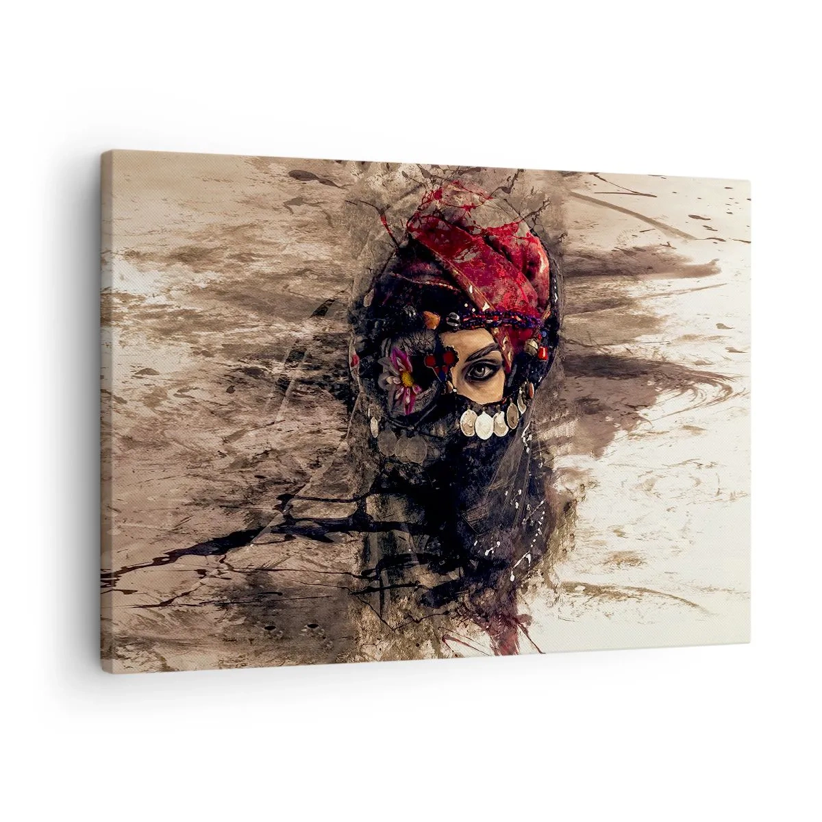 Obraz na plátne - Umelecký portrét ženy v orientálnom oblečení na abstraktnom pozadí. - 70x50cm - Prinajmenšom znepokojujúca - Moderná nástenná dekorácia do obývacej izby a spálne ARTTOR