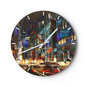 Nástenné hodiny - Farebný abstrakt zobrazujúci nočné mesto - 30x30cm - Večerný pouličný ruch - Moderná nástenná dekorácia do obývacej izby, kuchyne a spálne ARTTOR