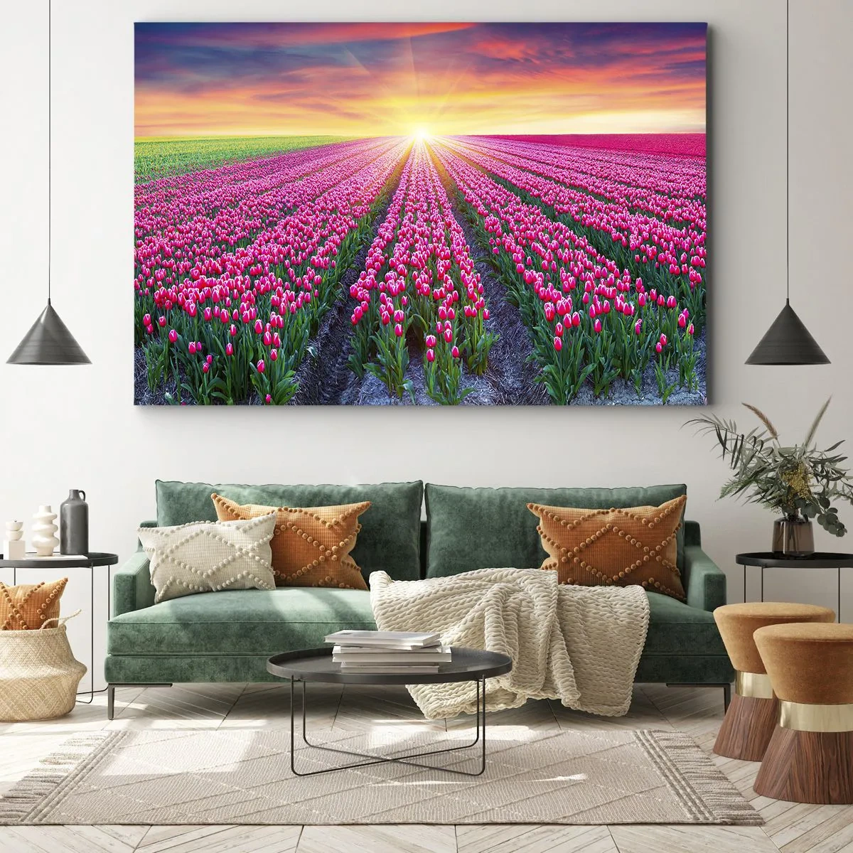Obraz na plátne - Pole tulipánov pri západe slnka - 70x50cm - Farma krásy - Moderná nástenná dekorácia do obývacej izby a spálne ARTTOR