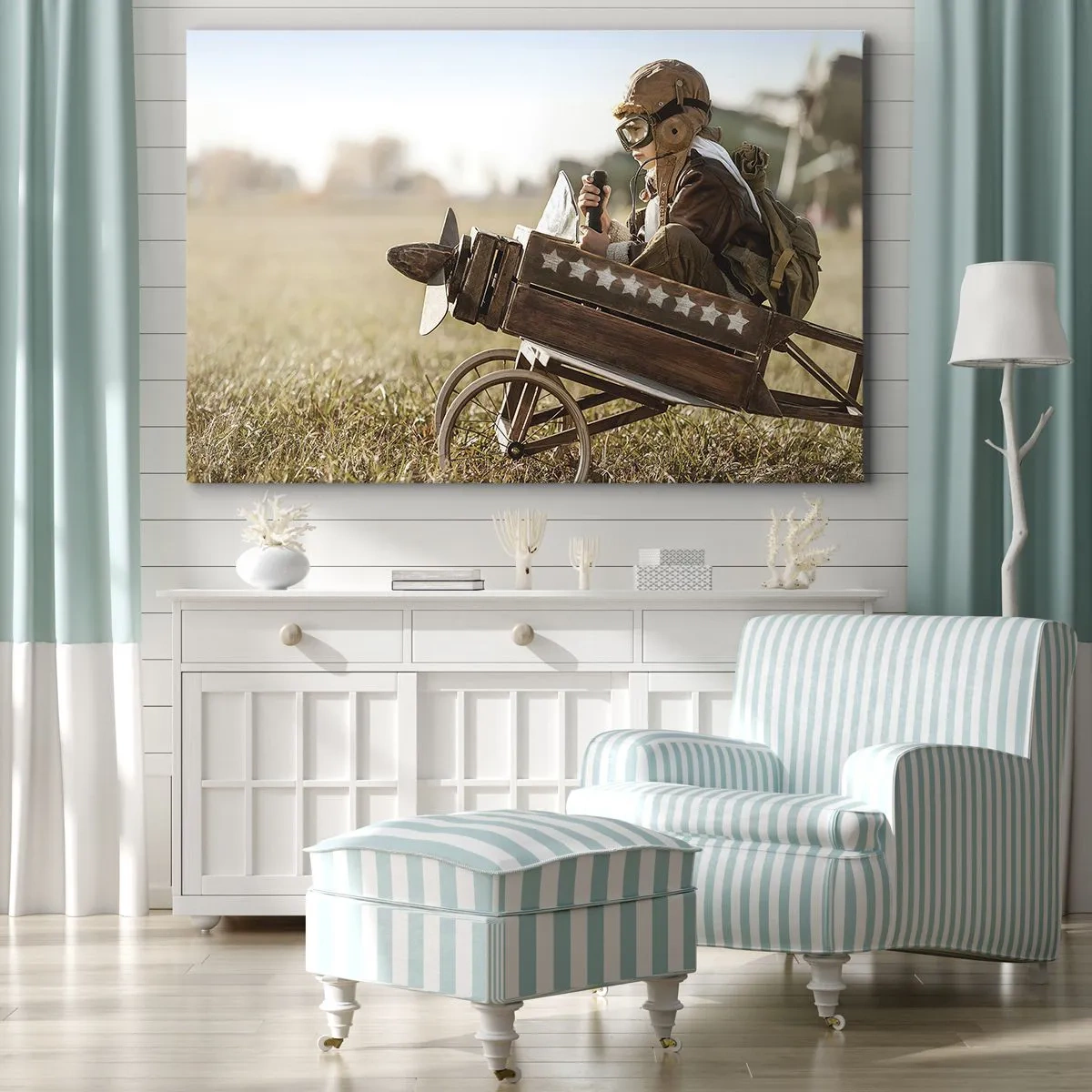 Obraz na plátne - Dieťa v hračkárskom lietadle s poľom v pozadí - 70x50cm - Štart do snov - Moderná nástenná dekorácia do obývacej izby a spálne ARTTOR
