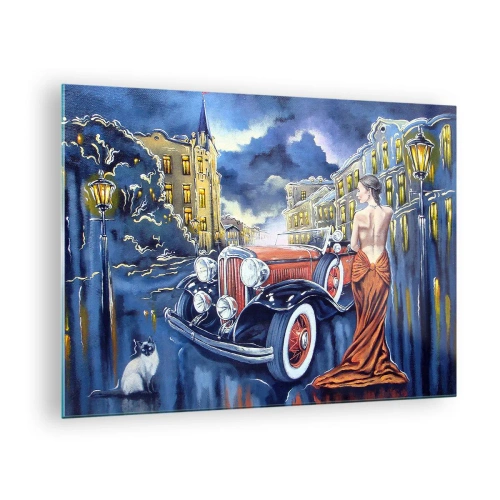 Obraz na skle - Žena v elegantných šatách vedľa klasického auta - 70x50cm - Nokturno v modrej a koralovej - Moderná nástenná dekorácia do obývacej izby a spálne ARTTOR
