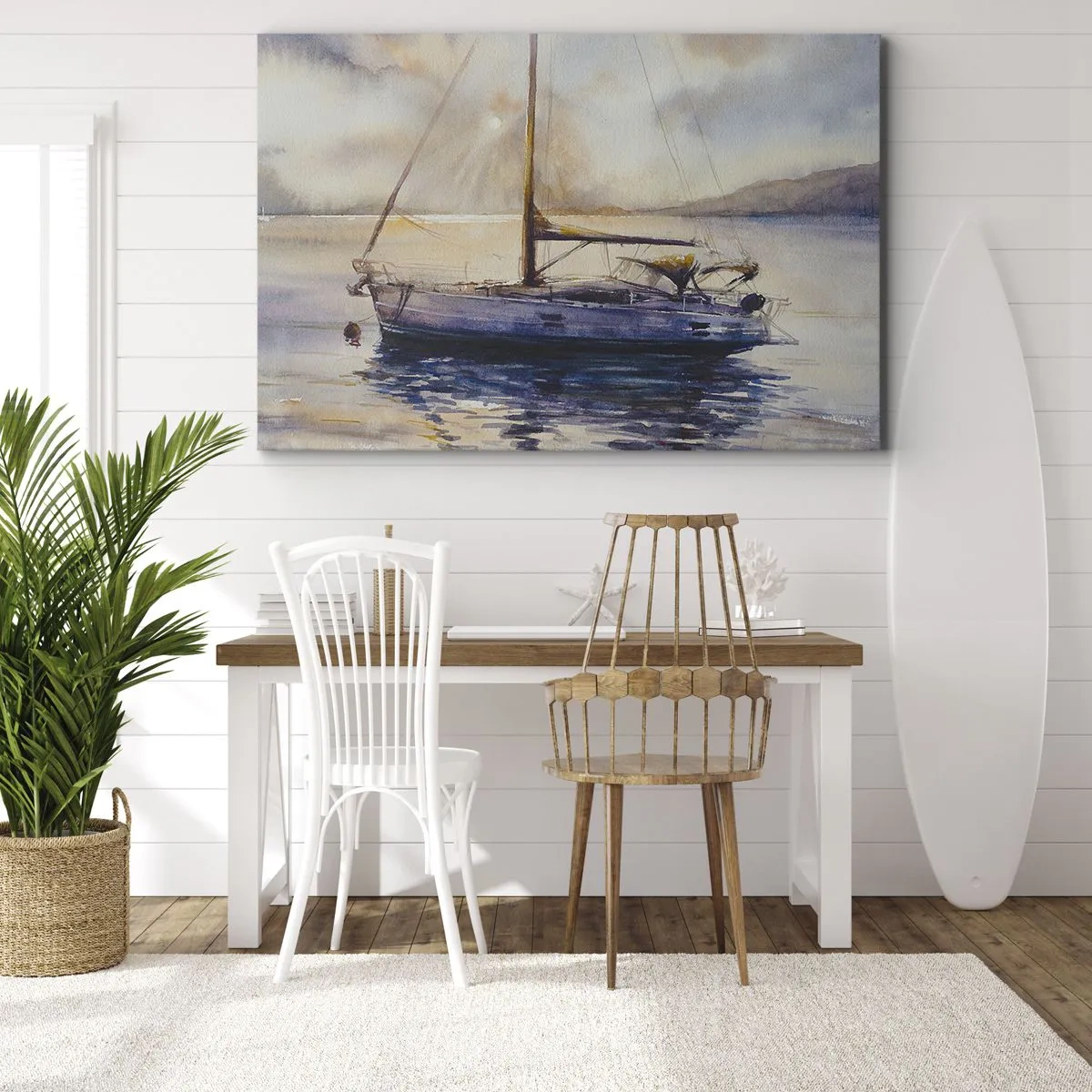 Obraz na plátne - Jachta na pokojnom mori pri západe slnka - 70x50cm - Večer v zátoke - Moderná nástenná dekorácia do obývacej izby a spálne ARTTOR