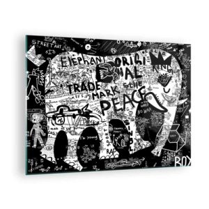 Obraz na skle - Čiernobiele graffiti s témami mieru a slobody - 70x50cm - Bohatý svet ulice - Moderná nástenná dekorácia do obývacej izby a spálne ARTTOR
