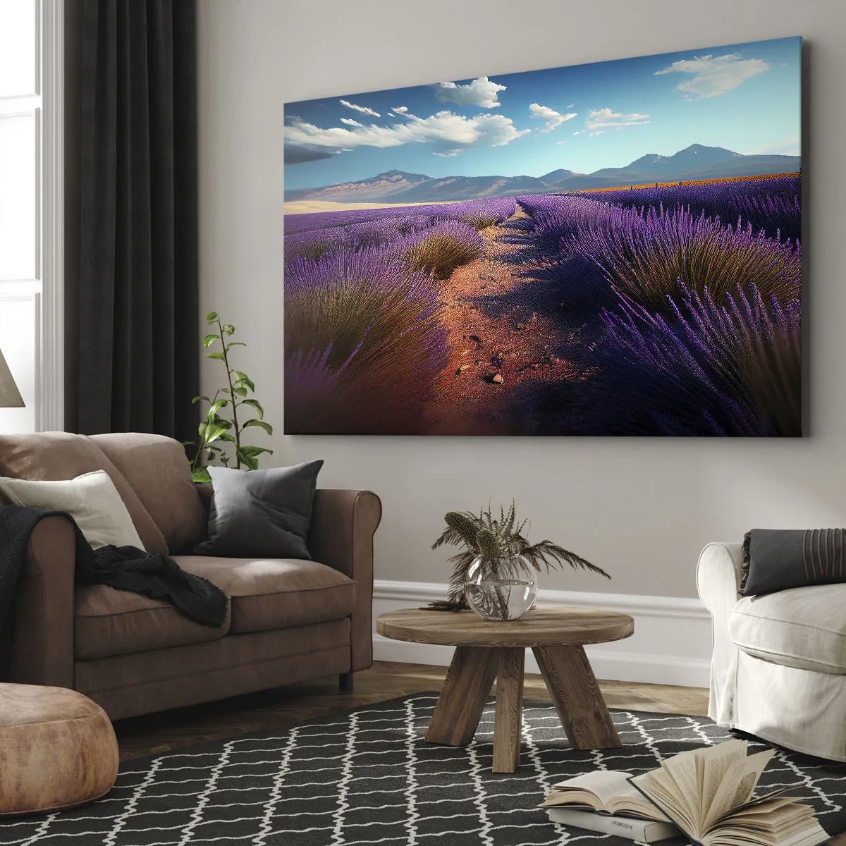 Obraz na plátne - Levanduľové pole s výhľadom na hory a modrú oblohu - 70x50cm - Voňavé polia - Moderná nástenná dekorácia do obývacej izby a spálne ARTTOR