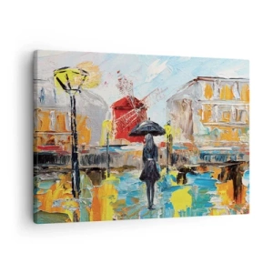Obraz na plátne - Malebná scéna s dáždnikom na pozadí Paríža v žiarivých farbách. - 70x50cm - Parížske legendy - Moderná nástenná dekorácia do obývacej izby a spálne ARTTOR