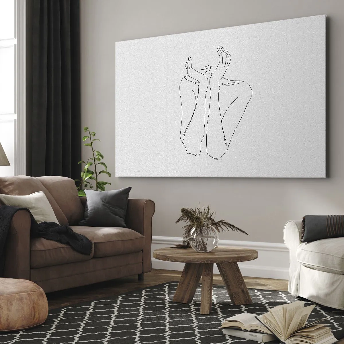 Obraz na plátne - Minimalistická kresba tváre a rúk - 70x50cm - O čom snívajú dievčatá - Moderná nástenná dekorácia do obývacej izby a spálne ARTTOR