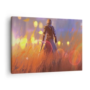 Obraz na plátne - Postava rytiera vo svetle zapadajúceho slnka na poli - 70x50cm - Bludný rytier - Moderná nástenná dekorácia do obývacej izby a spálne ARTTOR