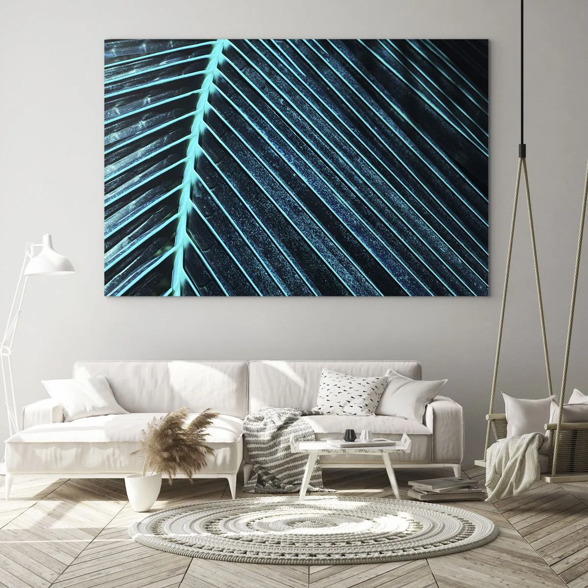 Obraz na skle - Makrofotografia palmového listu v odtieňoch tyrkysovej - 70x50cm - Textúra zelene - Moderná nástenná dekorácia do obývacej izby a spálne ARTTOR