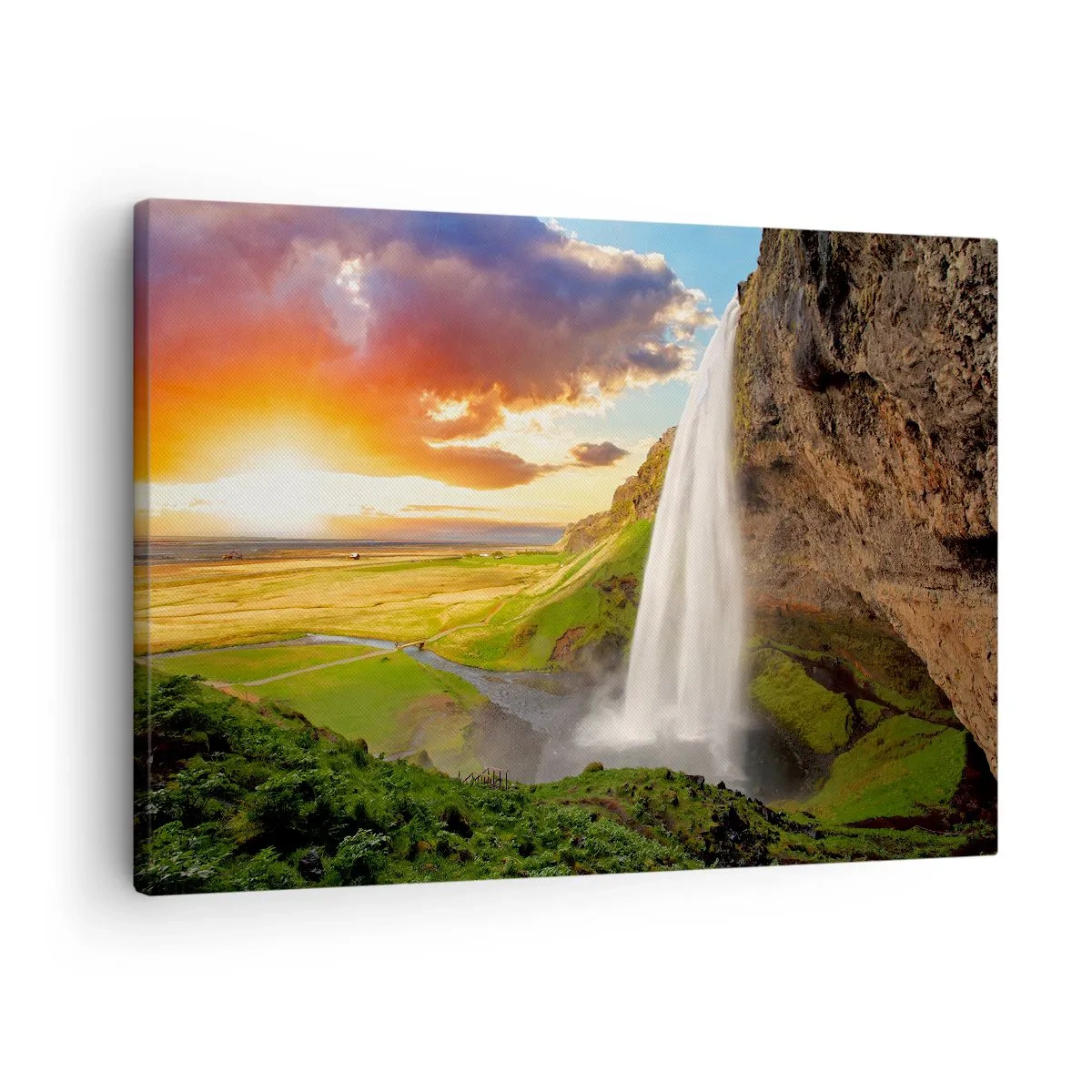 Obraz na plátne - Vodopád v malebnej krajine pri západe slnka - 70x50cm - Vrchol islandského leta - Moderná nástenná dekorácia do obývacej izby a spálne ARTTOR