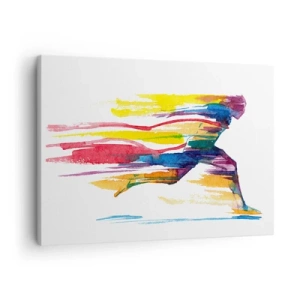 Obraz na plátne - Bežec v abstraktných farbách symbolizujúcich dynamiku a energiu - 70x50cm - Dúhový beh - Moderná nástenná dekorácia do obývacej izby a spálne ARTTOR
