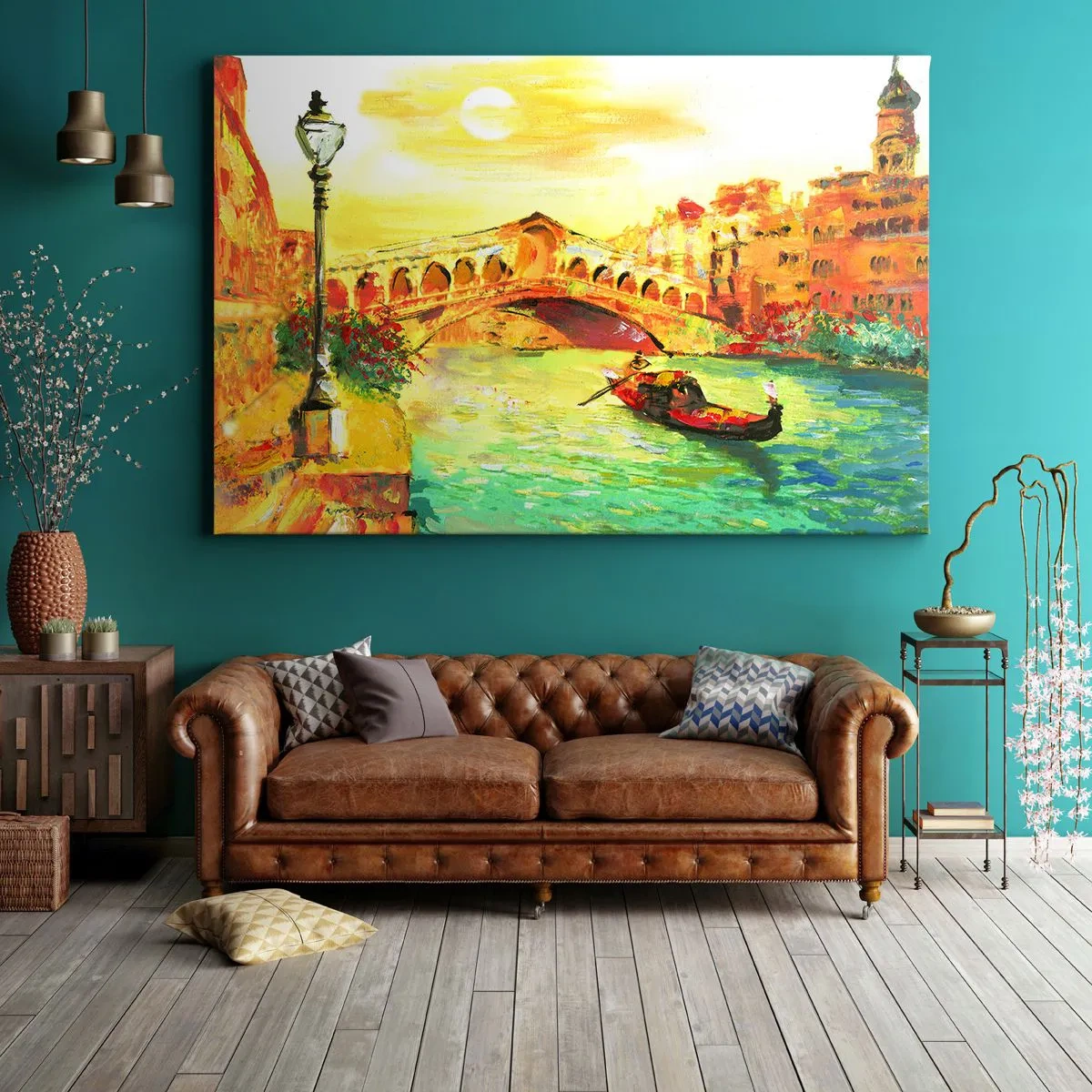 Obraz na plátne - Malebný most cez kanál s gondolou vo svetle zapadajúceho slnka - 70x50cm - Púť zamilovaných - Moderná nástenná dekorácia do obývacej izby a spálne ARTTOR