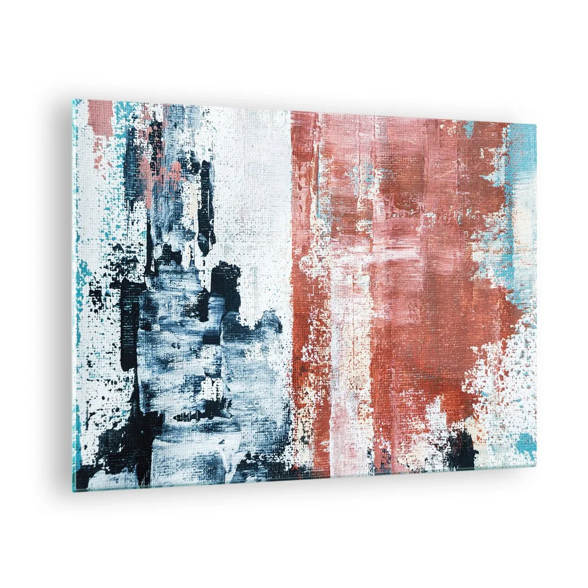 Obraz na skle - Abstraktná kombinácia modrej a hrdzavočervenej - 70x50cm - Abstraktné pol na pol - Moderná nástenná dekorácia do obývacej izby a spálne ARTTOR
