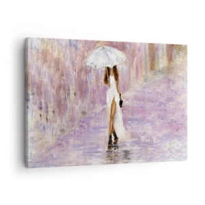 Obraz na plátne - Žena s dáždnikom kráčajúca v daždi v fialových tónoch - 70x50cm - V ľaliovom daždi - Moderná nástenná dekorácia do obývacej izby a spálne ARTTOR