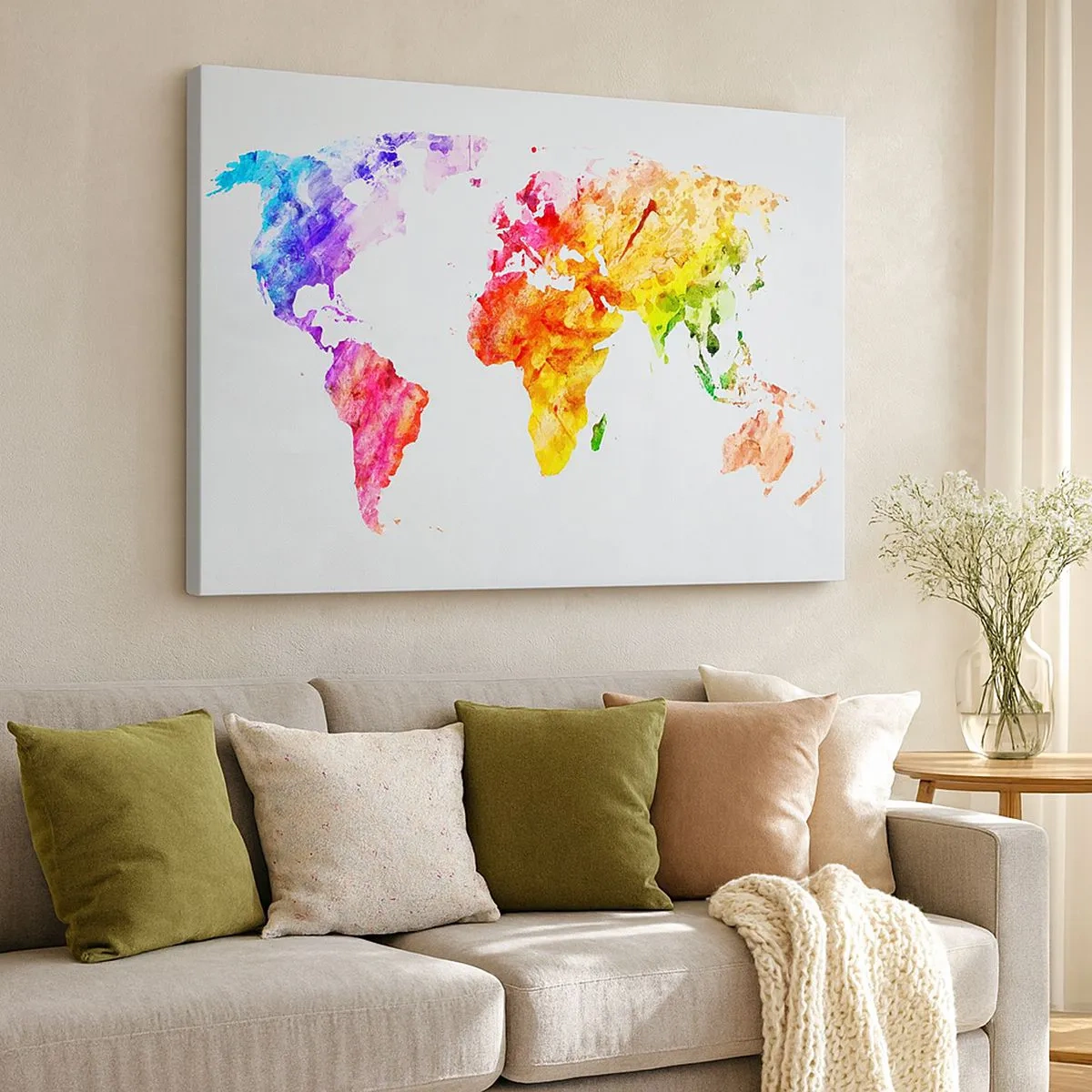 Obraz na plátne - Farebná akvarelová mapa sveta - 70x50cm - Všetky farby sveta - Moderná nástenná dekorácia do obývacej izby a spálne ARTTOR