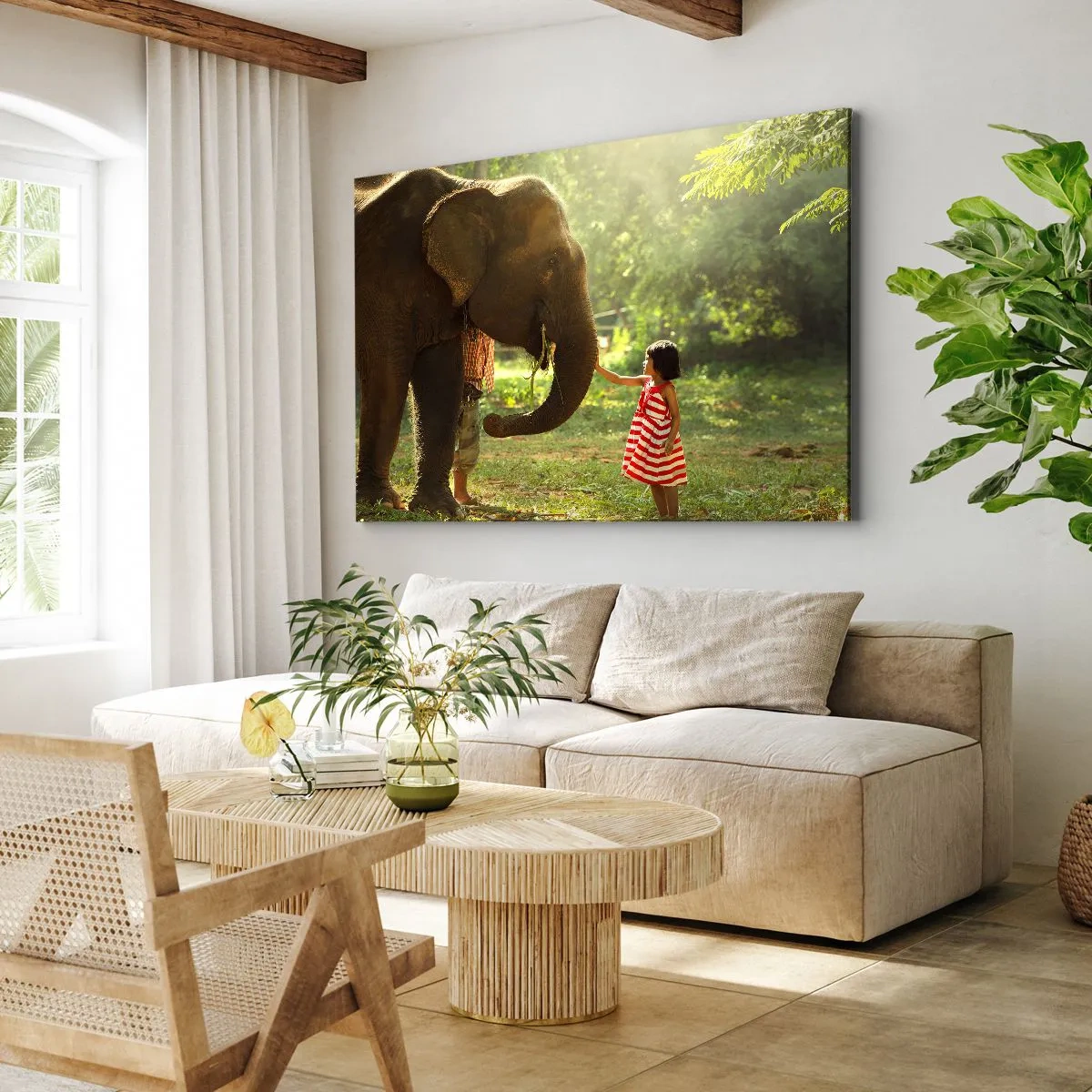 Obraz na plátne - Dievča v červených šatách sa dotýka slona v lese. - 70x50cm - Sila priateľstva - Moderná nástenná dekorácia do obývacej izby a spálne ARTTOR
