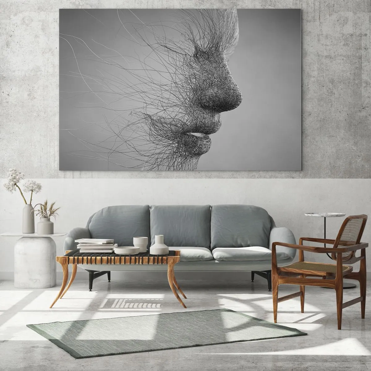 Obraz na skle - Čiernobiely abstraktný profil tváre s čiarami - 70x50cm - Duch vetra - Moderná nástenná dekorácia do obývacej izby a spálne ARTTOR