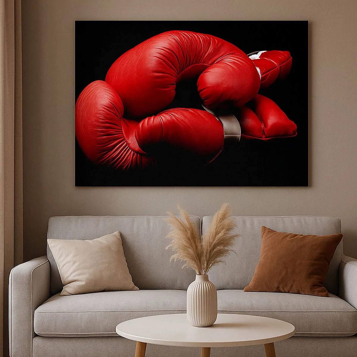 Obraz na plátne - Červené boxerské rukavice na čiernom pozadí - 70x50cm - Emócie boja za nami - Moderná nástenná dekorácia do obývacej izby a spálne ARTTOR