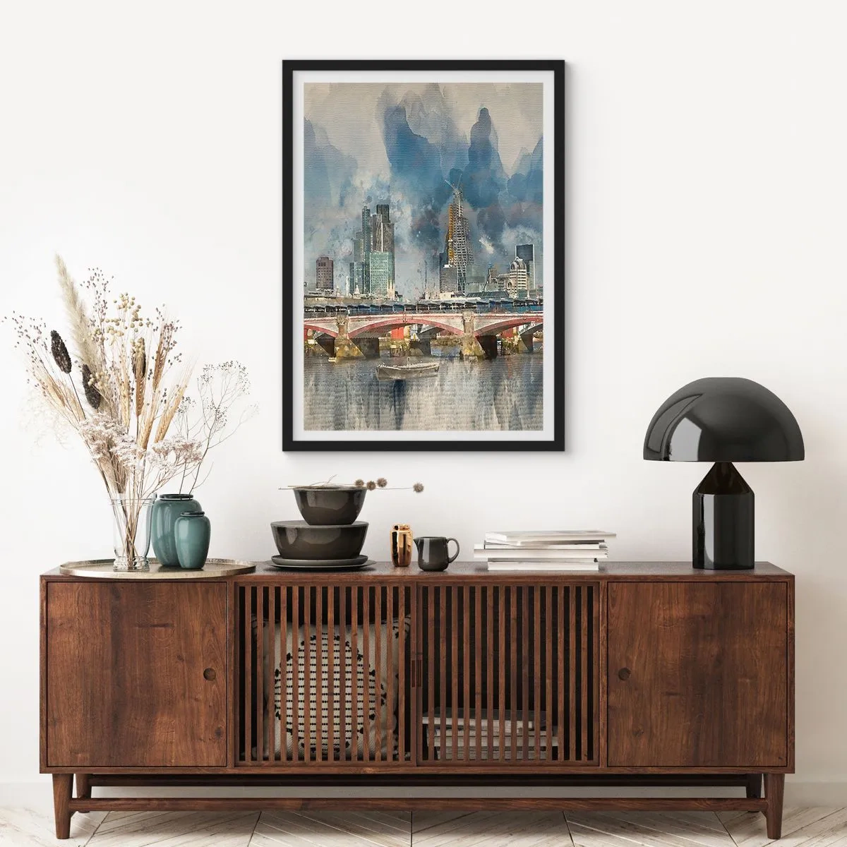 Plagát v čiernom ráme - Mestská krajina s mostom a mrakodrapmi v pozadí - 50x70cm - Londýn v celej svojej kráse - Moderná nástenná dekorácia do obývacej izby a spálne ARTTOR