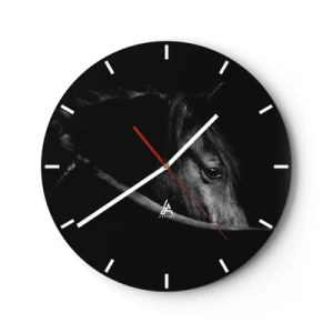 Nástenné hodiny - Portrét čierneho koňa na tmavom, hlbokom pozadí - 30x30cm - Čierny knieža - Moderná nástenná dekorácia do obývacej izby, kuchyne a spálne ARTTOR