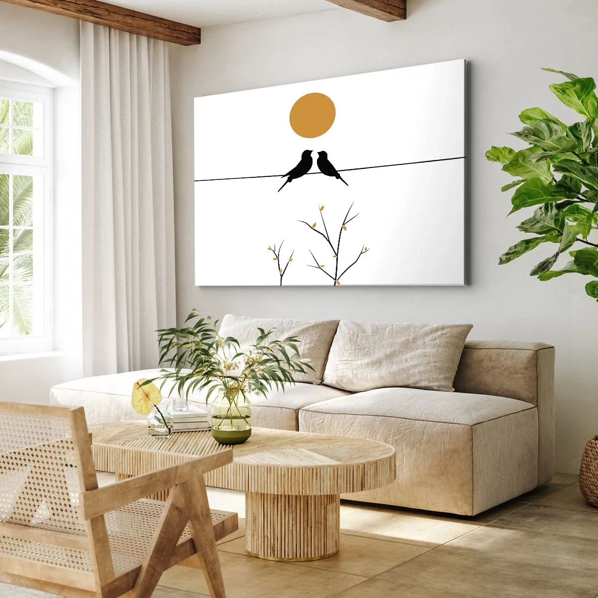 Obraz na plátne - Vtáky na čiare so žltým slnkom - 70x50cm - Slávičí večer - Moderná nástenná dekorácia do obývacej izby a spálne ARTTOR