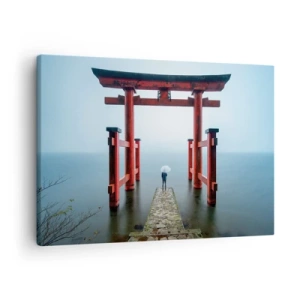 Obraz na plátne - Brána torii s výhľadom na pokojné jazero v Japonsku - 70x50cm - Japonské zamyslenie - Moderná nástenná dekorácia do obývacej izby a spálne ARTTOR