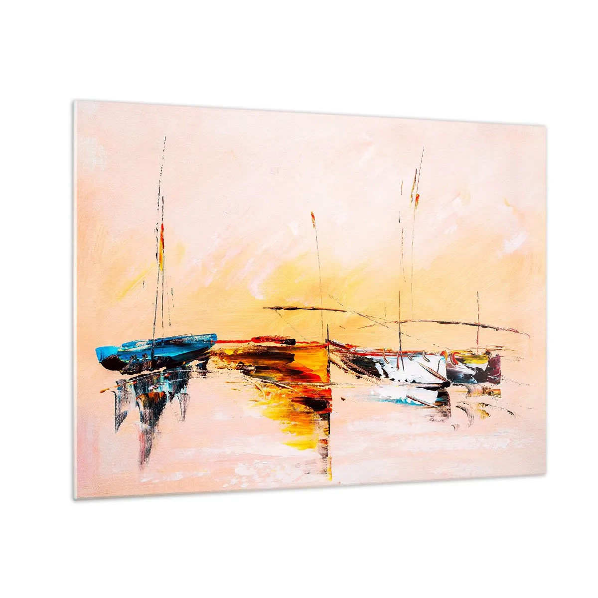 Obraz na skle - Farebné lode kotviace na pozadí impresionistického západu slnka - 70x50cm - Večer v prístave - Moderná nástenná dekorácia do obývacej izby a spálne ARTTOR