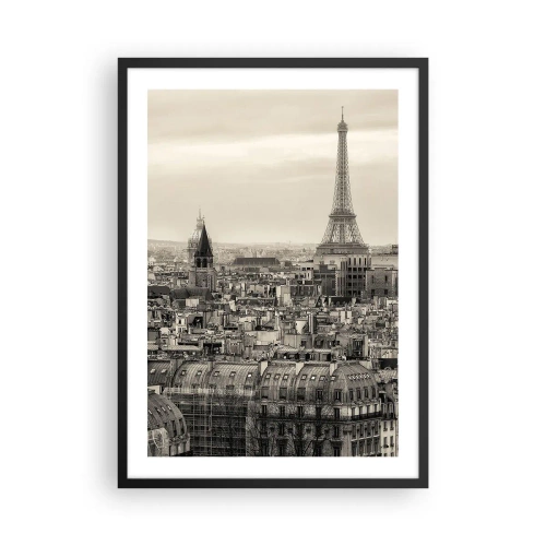 Plagát v čiernom ráme - Panoráma Paríža s Eiffelovou vežou v sépiových tónoch - 50x70cm - Nad strechami Paríža - Moderná nástenná dekorácia do obývacej izby a spálne ARTTOR