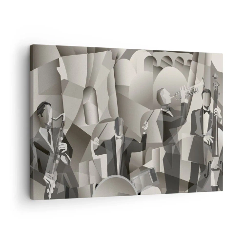 Obraz na plátne - Abstraktná scéna s jazzovými hudobníkmi v odtieňoch sivej. - 70x50cm - V priestore zvukov - Moderná nástenná dekorácia do obývacej izby a spálne ARTTOR