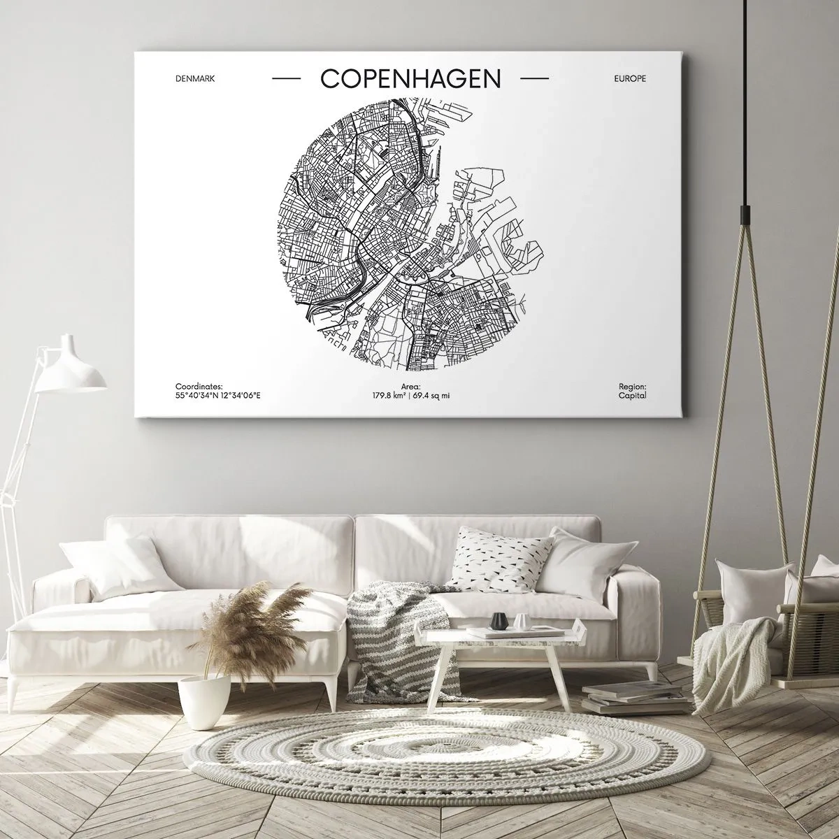 Obraz na plátne - Mapa Kodane v minimalistickom čiernobielom štýle. - 70x50cm - Anatómia Kodane - Moderná nástenná dekorácia do obývacej izby a spálne ARTTOR