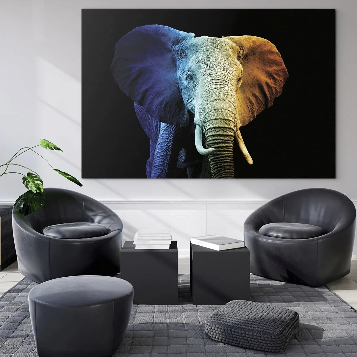 Obraz na skle - Farebný portrét slona na čiernom pozadí - 70x50cm - Excentrický muž, avšak nie podivín - Moderná nástenná dekorácia do obývacej izby a spálne ARTTOR