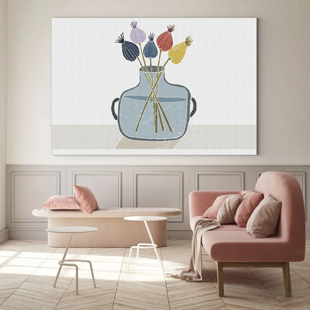Obraz na skle - Dekoratívne makové hlavičky v džbáne v grafickom štýle - 70x50cm - Makové kvety - Moderná nástenná dekorácia do obývacej izby a spálne ARTTOR