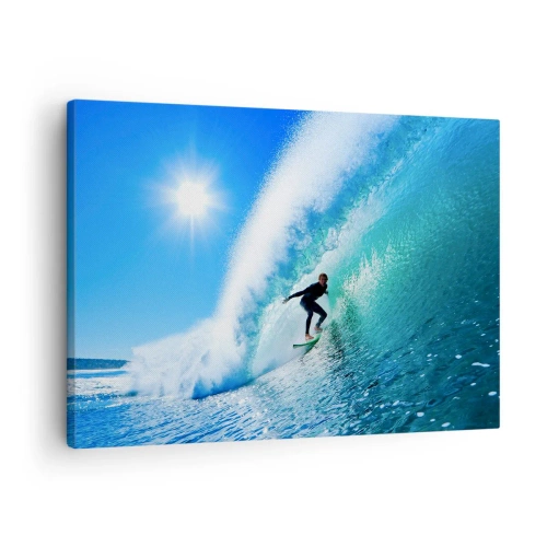 Obraz na plátne - Surfer na doske sa viez v silnej vlne pod modrou oblohou. - 70x50cm - Cez veľký blankyt - Moderná nástenná dekorácia do obývacej izby a spálne ARTTOR