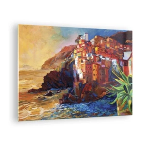Obraz na skle - Farebné mestečko na útese s výhľadom na more - 70x50cm - Taliansky nádych - Moderná nástenná dekorácia do obývacej izby a spálne ARTTOR