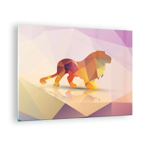 Obraz na skle - Geometrický lev v farebnej abstrakcii - 70x50cm - Diamantový kráľ - Moderná nástenná dekorácia do obývacej izby a spálne ARTTOR