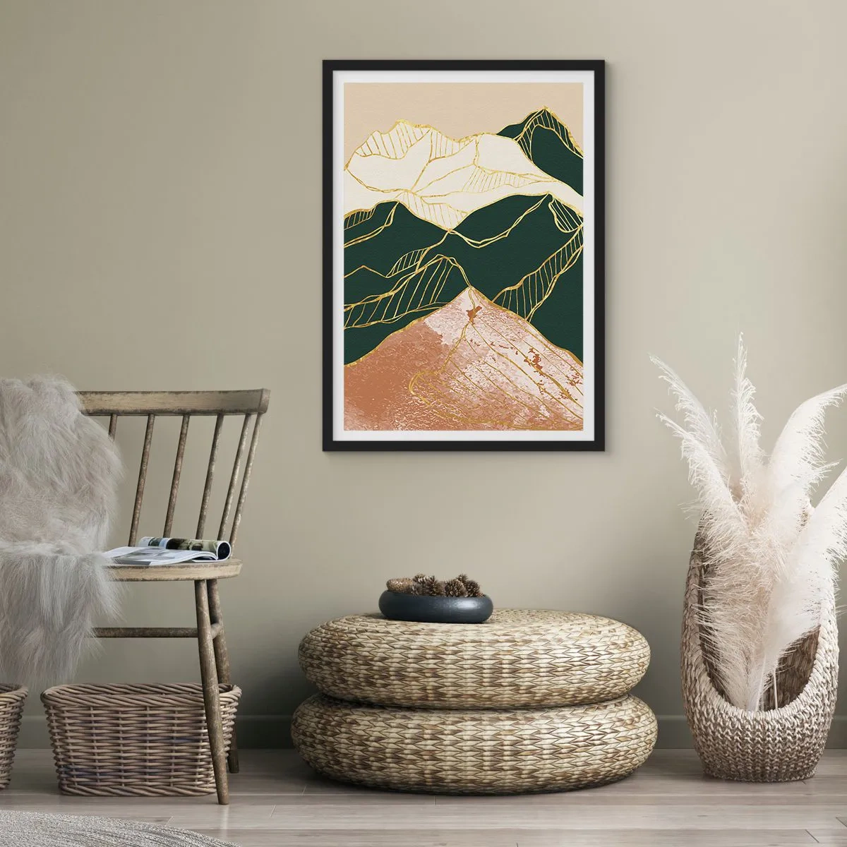 Plagát v čiernom ráme - Abstraktné zlaté čiary vytvárajúce horskú krajinu - 50x70cm - Zlaté vrcholy - Moderná nástenná dekorácia do obývacej izby a spálne ARTTOR