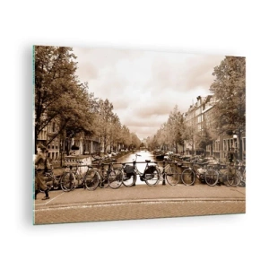 Obraz na skle - Amsterdamský most s retro bicyklami - 70x50cm - Holandská atmosféra - Moderná nástenná dekorácia do obývacej izby a spálne ARTTOR
