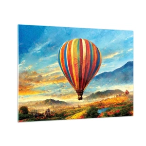 Obraz na skle - Farebný balón vznášajúci sa nad horskou krajinou - 70x50cm - V tichu je toho vidieť viac - Moderná nástenná dekorácia do obývacej izby a spálne ARTTOR