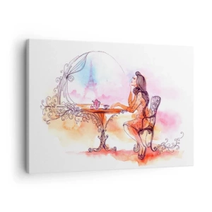 Obraz na plátne - Romantický akvarel ženy v kaviarni s výhľadom na vežu - 70x50cm - Parížska elegancia - Moderná nástenná dekorácia do obývacej izby a spálne ARTTOR
