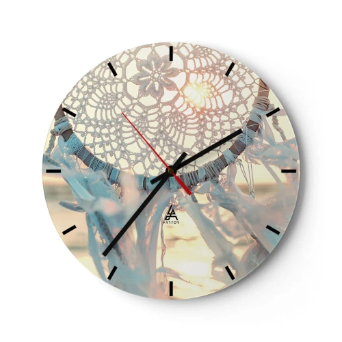 Nástenné hodiny - Lapač snov z čipky so stuhami v lúčoch západu slnka - 30x30cm - Čipkový totem - Moderná nástenná dekorácia do obývacej izby, kuchyne a spálne ARTTOR