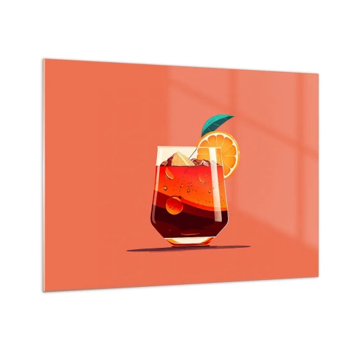 Obraz na skle - Farebný nápoj s pomarančom na teplom broskyňovom pozadí - 70x50cm - Letné osvieženie - Moderná nástenná dekorácia do obývacej izby a spálne ARTTOR