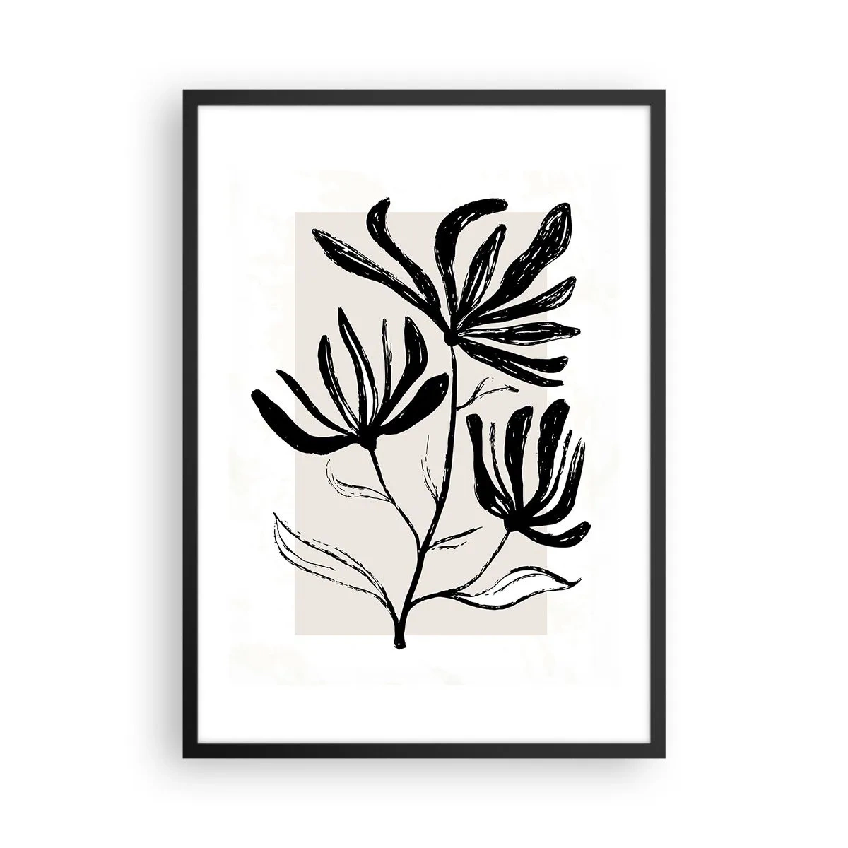 Plagát v čiernom ráme - Čiernobiela ilustrácia kvetov na béžovom pozadí - 50x70cm - Náčrtok pre herbár - Moderná nástenná dekorácia do obývacej izby a spálne ARTTOR