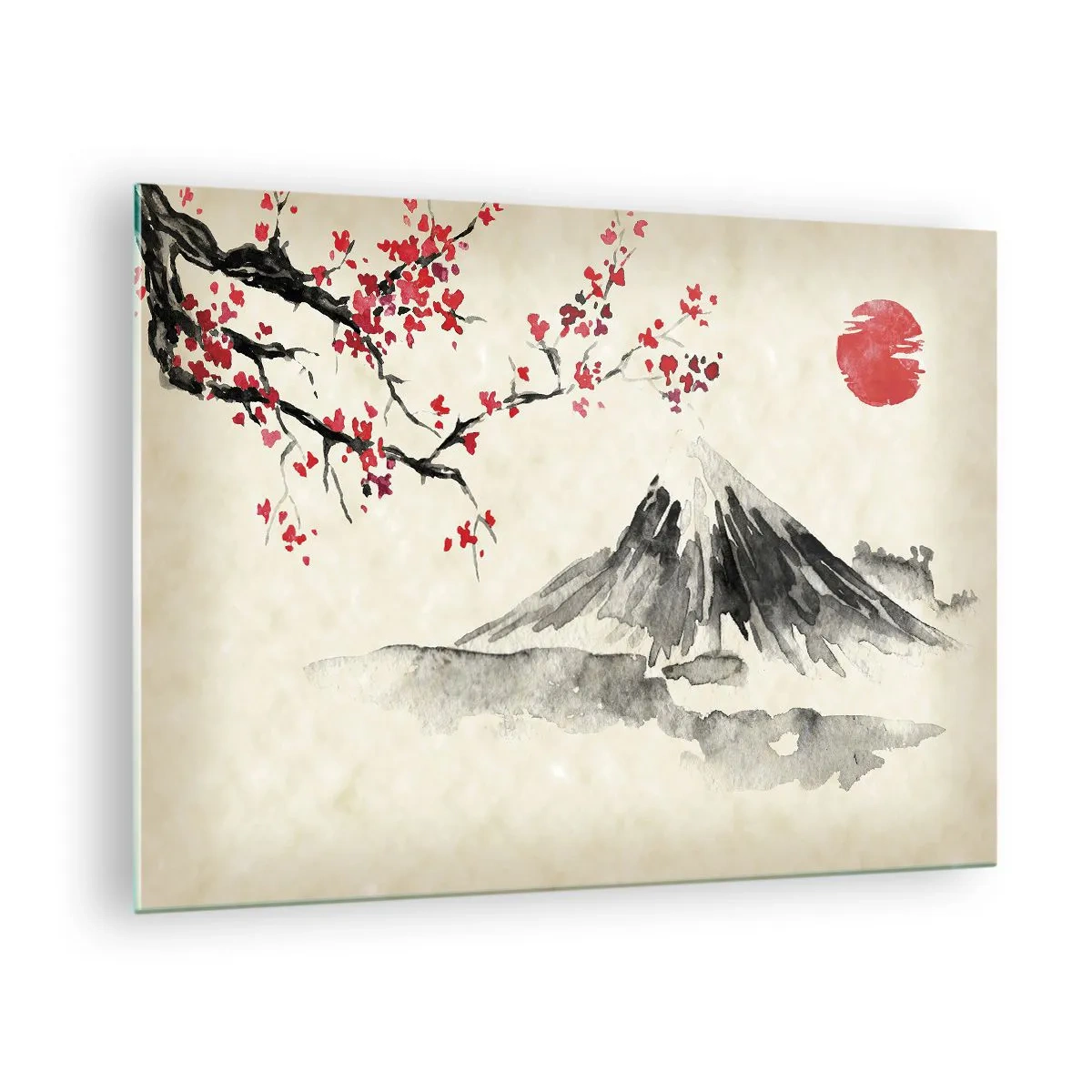 Obraz na skle - Japonská akvarelová maľba hory a kvitnúcej vetvy - 70x50cm - Zamilujte sa do Japonska - Moderná nástenná dekorácia do obývacej izby a spálne ARTTOR
