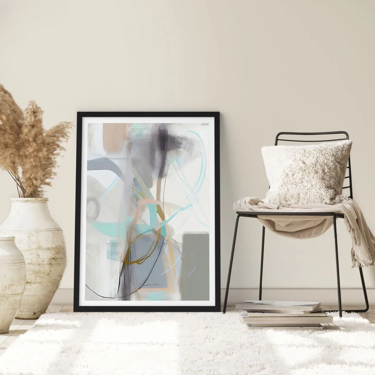 Plagát v čiernom ráme - Jemná abstrakcia v odtieňoch sivej a modrej - 50x70cm - Hmlistá abstrakcia - Moderná nástenná dekorácia do obývacej izby a spálne ARTTOR