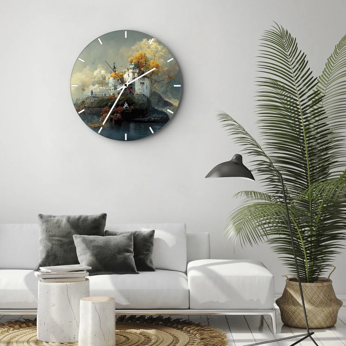 Nástenné hodiny - Rozprávkový zámok na kopci obklopený jesennými stromami - 30x30cm - Začiatok romantického príbehu - Moderná nástenná dekorácia do obývacej izby, kuchyne a spálne ARTTOR