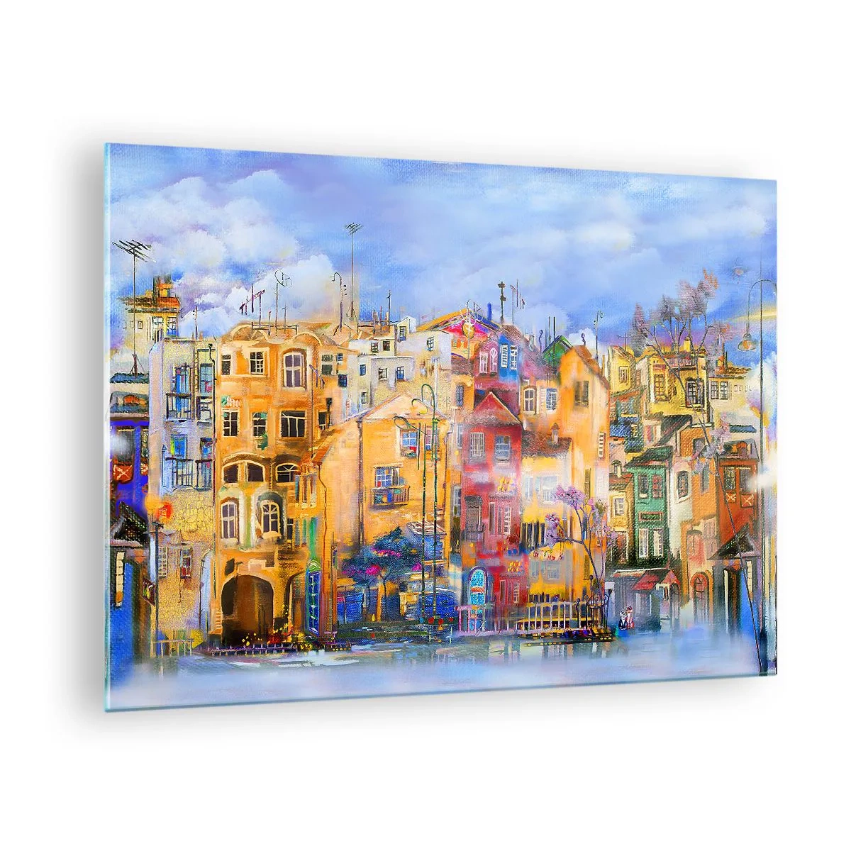 Obraz na skle - Farebné činžiakové domy v umeleckom mestskom prostredí - 70x50cm - Sme spolu - Moderná nástenná dekorácia do obývacej izby a spálne ARTTOR